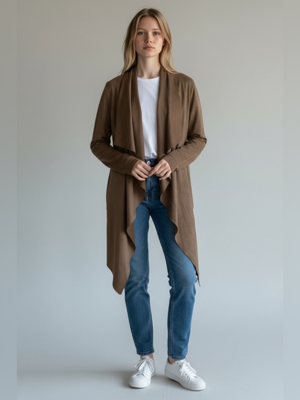 2/$30 JustFab Brown Faux Suede Waterfall Open Front Cardigan